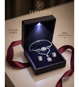Zeta Jewel 925 Ayar Gümüş Tek Baget Taşlı Üçlü Set ( Kolye Küpe Bileklik ) Işıklı Hediye Kutulu