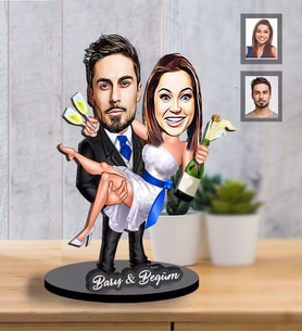 Kişiye Özel Gelin Damat  Karikatürlü İki Katmanlı Ahşap Biblo  Mod-5