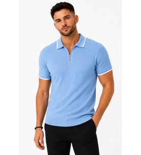 Erkek Fitilli Triko T-shirt Polo Yaka Yarım Fermuarlı Kısa Kollu Tişört - Açık Mavi