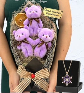 Kişiye Özel Büyük Boy 3'lü Tasarım Peluş Ayıcık Buketi ve Gerçek Ametist Taşlı Lotus Kolye (Model 2)