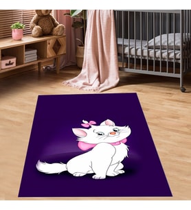 Kedili Halı Kedi Desenli Renkli Dijital Baskı Yıkanabilir Kaymaz Taban Bebek ve Çocuk Odası Halısı (Beyaz)