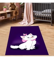 Kedili Halı Kedi Desenli Renkli Dijital Baskı Yıkanabilir Kaymaz Taban Bebek ve Çocuk Odası Halısı (Beyaz)