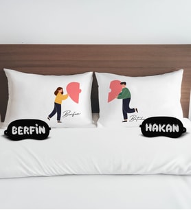 BK Gift Kişiye Özel Sevgili Tasarımlı Pamuklu Yastık Kılıfı ve Göz Bandı Çift Uyku Seti-13, Tasarım Ev Tekstili, Uyku Bandı, Ev Hediyesi