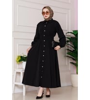 Beli Lastik Detaylı Yasemin Elbise-Siyah