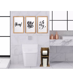 BK Home Doğal Masif Ahşap Tuvalet Kağıtlığı ve Dekoratif 3’lü Retro Ahşap Tablo-5 (Beyaz)