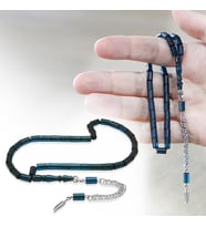 Ateş Kehribar Tesbih - Kararmaz Metal Püsküllü - Mini Boy - Mavi - Kesme Kesim