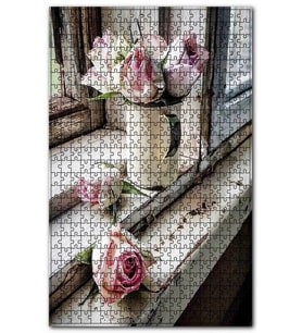 Cakapuzzle Eski Pencere Kenarında Pembe Güller Puzzle Yapboz MDF (Ahşap) (120 Parça)