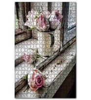 Cakapuzzle Eski Pencere Kenarında Pembe Güller Puzzle Yapboz MDF (Ahşap) (120 Parça)