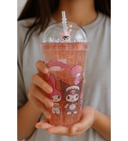 Kuromi Temalı Pembe Suluk Pipetli Buzlu Cam Görünümlü 450 ML Çift Katman Mika Su Şişesi 2647 Pembe