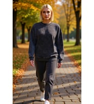 Kadın Moda Bol Bisiklet Yaka Düşük Kol Uzun Eskitme Kalın İçi Polarlı Geniş Kalıp Örme Sweatshirt