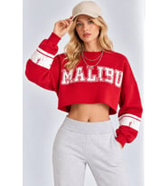 Malibu Baskılı Rahat Kesim Bisiklet Yaka Crop Sweatshirt - Kırmızı
