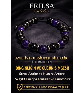 Sertifikalı Obsidyen - Ametist Taşı Bileklik - 8 mm Doğal Taş Terahertz Aparatlı Unisex El Yapımı (Çok Renkli)