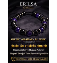 Sertifikalı Obsidyen - Ametist Taşı Bileklik - 8 mm Doğal Taş Terahertz Aparatlı Unisex El Yapımı (Çok Renkli)