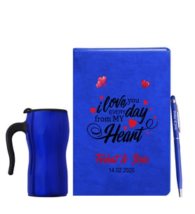 Sevgililer Gününe Özel Mavi Defter Kalem & Termos Mug Hediye Seti 6
