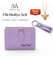 AYLEEN AYZ Kişiye Özel Kadın 3'lü Hediye Seti - Anka Kuşu Kolye İsme Özel Deri Cüzdan ve Anahtarlık (Lila)