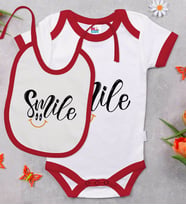 BK Kids Smile Tasarımlı Kırmızı Bebek Body Zıbın ve Mama Önlüğü Hediye Seti-2