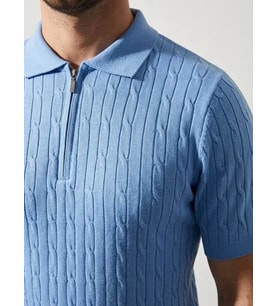 Erkek Yazlık Triko Saç Örgü Tişört Kısa Kol Polo Yaka Fermuarlı T-Shirt - Bebe Mavisi