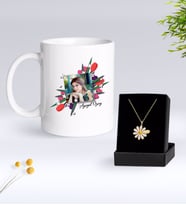 BK Gift Kişiye Özel Çiçekli Çerçeve Kupa ve Papatya Kolye Seti (Model 1)