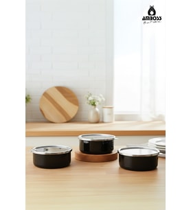 6 Parça Emaye Saklama Kabı Seti, Siyah, 14-16-18 cm