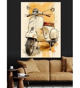 Beyaz Vespa Motosiklet Çizimi Dekoratif Kanvas - Mdf Ahşap Tablo