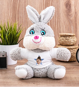 Kişiye Özel Mavi Yıldız Kafa Fotoğraflı Peluş Tavşan (Gri)