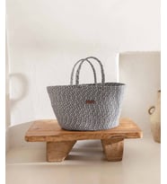 Koza Home Cesta El Yapımı Pamuklu Lacivert Gri Hasır Çanta Plaj Gündelik Dekoratif Çanta 26x57cm (Lacivert-Gri)