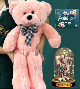 Kişiye Özel 3 Fotoğraflı, İsimli Led Işıklı Fanus ve Büyük Boy Pembe Peluş Ayıcık (Model 4)