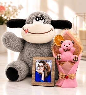 Kişiye Özel Ahşap Fotoğraf Çerçevesi, Pembe Peluş Ayıcık Buketi ve Peluş Eşek Hediye Seti