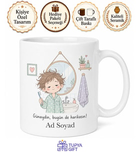Lavabo Aynası Sabah Çizimli Uykulu Yüz Kupa Bardak Hediye Porselen