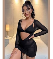 Kadın Siyah Transparan Derin Dekolte Sütyen Tanga Babydoll Takım-3445