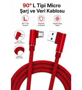 90 Derece L Tipi Micro USB Şarj Kablosu Örgülü Dayanıklı Kablo 1 Metre