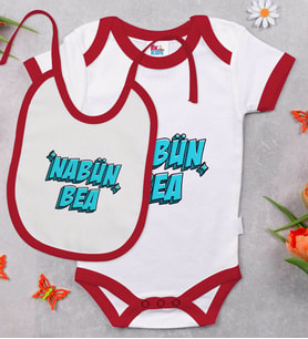 BK Kids Nabüün Bea Tasarımlı Kırmızı Bebek Body Zıbın ve Mama Önlüğü Hediye Seti-1