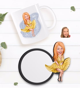 BK Gift Kişiye Özel Marilyn Monroe Karikatürlü Beyaz Kupa ve Ahşap Bardak Altlığı Hediye Seti-1