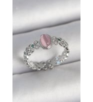 Pirinç Gümüş Renk Zirkon Taş Detaylı Pembe Mineli Damla Model Ayarlanabilir Kadın Yüzük 5886