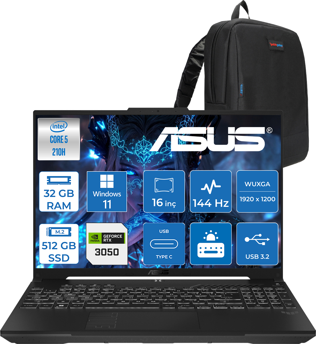 Asus Tuf Gaming F16 FX607VJ Intel Core 5-210H 32GB 512GB SSD RTX3050 6gb 16 Inç Wuxga 144Hz IPS Windows 11 Home Gaming Notebook RL033H17 + Zetta Çanta