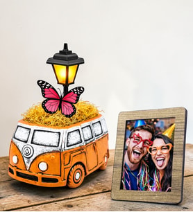 Renkli Vosvos Otobüs Masa Lambası Ahşap Fotoğraf Çerçeveli (Model 4)