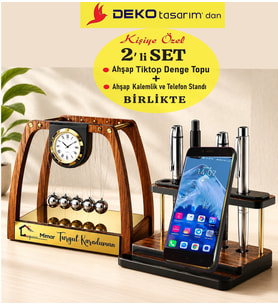 Ahşap El yapımı Masa üstü Newton Denge Topu + Kalem ve Telefon standı. 2' Lİ SET & Ofis Hediyesi Yeni İş