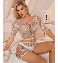 Intive Premium Limited Dekolteli Beyaz Transparan Desenli Mini Crop Büstiyer Takım/Vücut Çorabı
