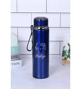1 Litre Paslanmaz Çelik Helo Kitty Baskılı Termos  12 Saat Sıcak Soğuk Tutma  Dayanıklı Yapı (Mavi)