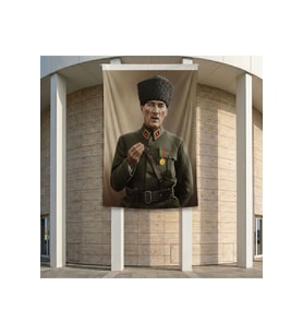 Askeri Üniformalı Mustafa K. Atatürk Poster Bayrak Premium Raşel Kumaş ATA84 2x3m