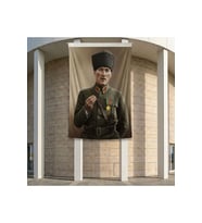 Askeri Üniformalı Mustafa K. Atatürk Poster Bayrak Premium Raşel Kumaş ATA84 2x3m