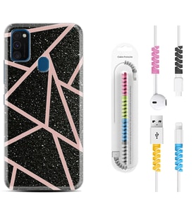 Samsung M21 M22 M23 M30 M31S M32 Kılıf Kablo Koruma Spiral Silikon Pembe Şeritli Mermer 1312