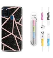 Samsung M21 M22 M23 M30 M31S M32 Kılıf Kablo Koruma Spiral Silikon Pembe Şeritli Mermer 1312