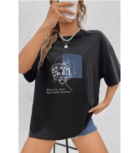 Unisex Minimal line drawing Baskılı T-shirt (Siyah)