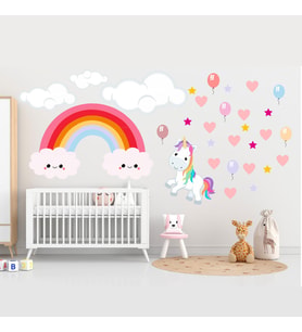 Unicorn Renkli Kalpli Balonlu Duvar Sticker