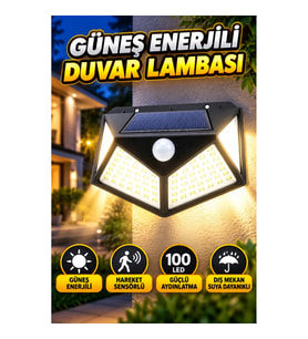 100 LED Sensörlü Güneş Enerjili Duvar Lambası – PIR Hareket Algılamalı Dış Mekan Aydınlatma