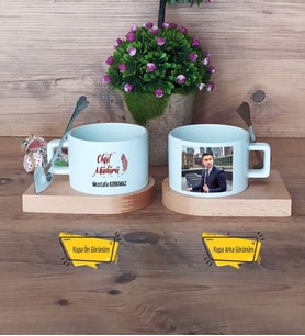 Okul Müdürü Kupa Bardak Ahşap Altlıklı Kısa Fotoğraflı Öğretmenler Günü Hediyesi