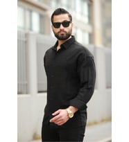 Oversize Keten Karışımlı Basic Salaş Gömlek (Siyah)