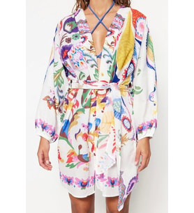 Moda Dokuma Regular Kalıp Uzun V Yaka Balon Kol Vual Basic Etnik Desen Kimono Kaftan