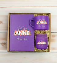 BK Gift Kişiye Özel İsimli DTF Anne Temalı Mor Defter & Kahve Fincanı & Mum Hediye Seti-2, Anneye Hediye, Anneler Günü Hediyesi